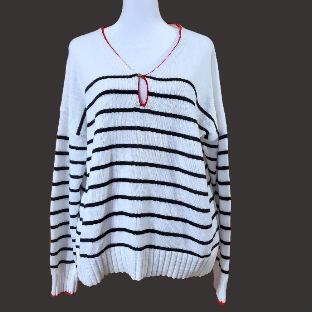 NWT Womens Colour Eighteen White Black Breton Striped Sweater Boxy Nautical Sz M